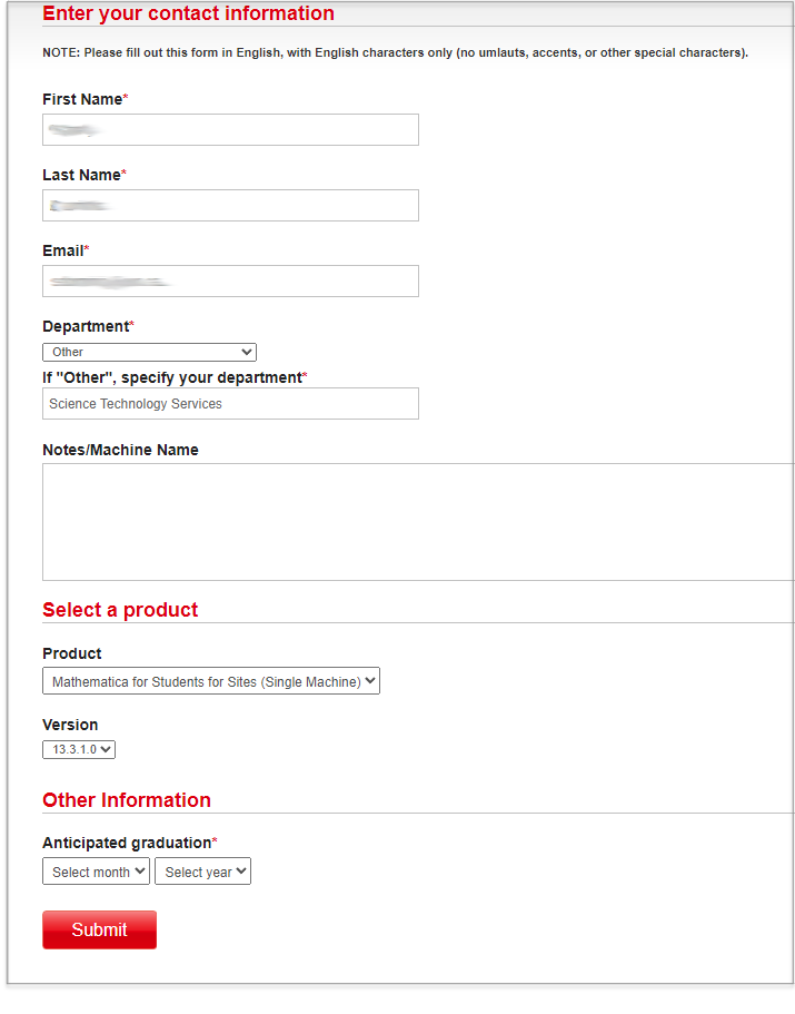 Wolfram Activation Key Request Form screenshot